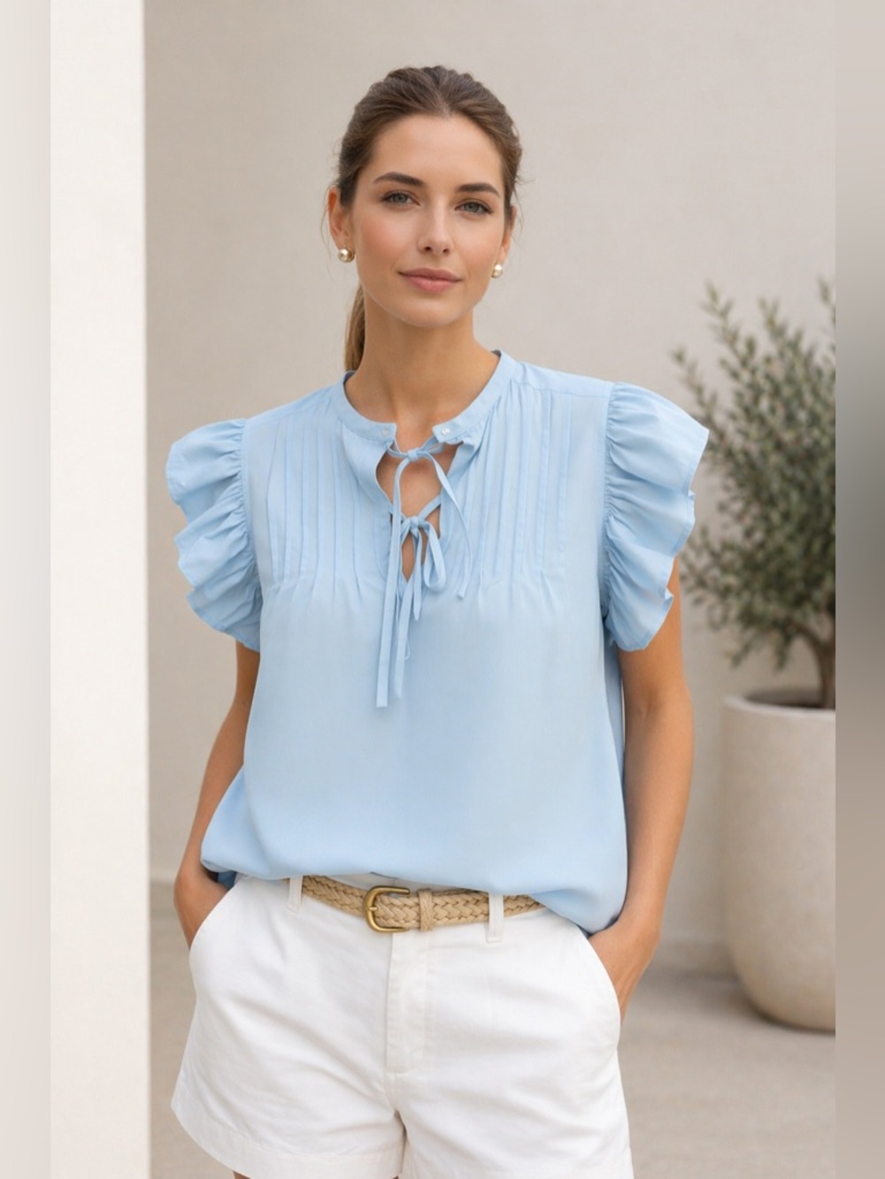 Marie Oliver Baby Blue Pintuck Flutter Sleeve Tie Blouse Effortless Polished